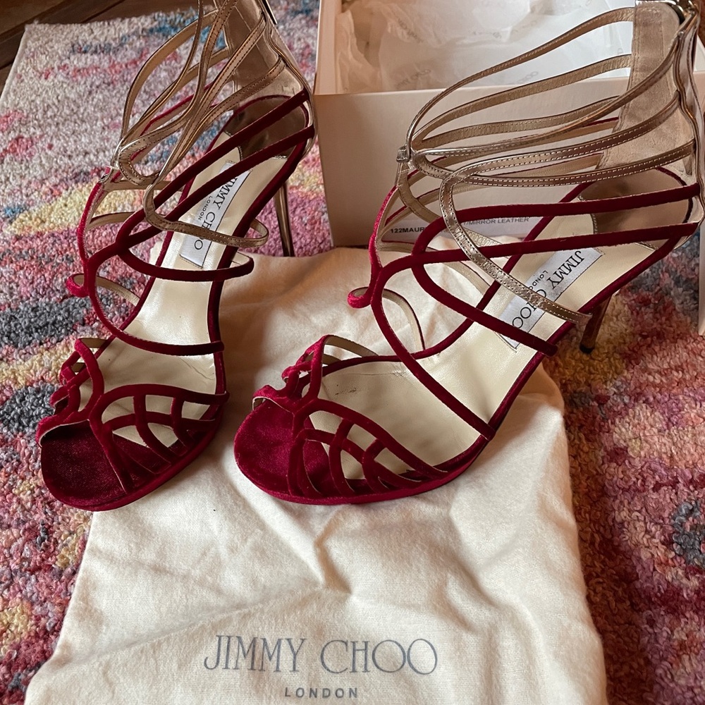 Jimmy Choo Burgundy and Metallic Strappy Heels